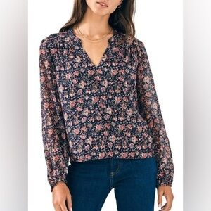FAHERTY Silk Cotton Sage Wood Blouse In Stargaze Floral Blue Sz. XS NWT!